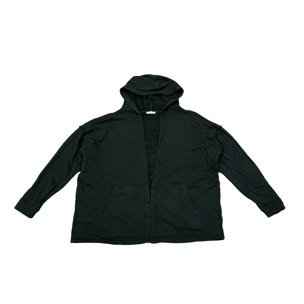 Eileen Fisher Organic Cotton French Terry Hooded Jacket Green Boxy Open Front L